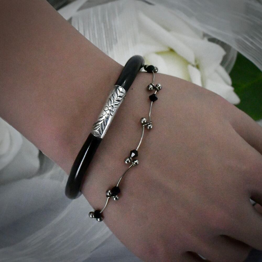 925 Sterling Silver Dark Wood Bangle & Black Onyx Bead Bracelet Set 7" 7.5"